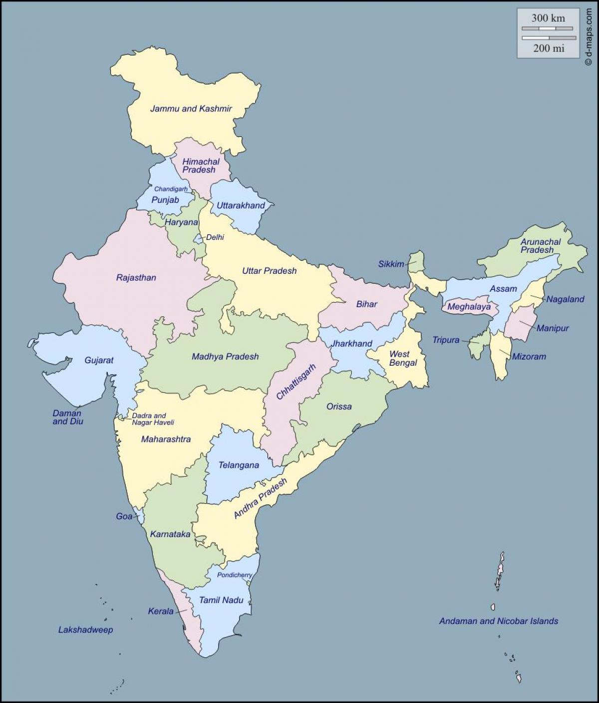 Carte de l'inde avec des noms d'états