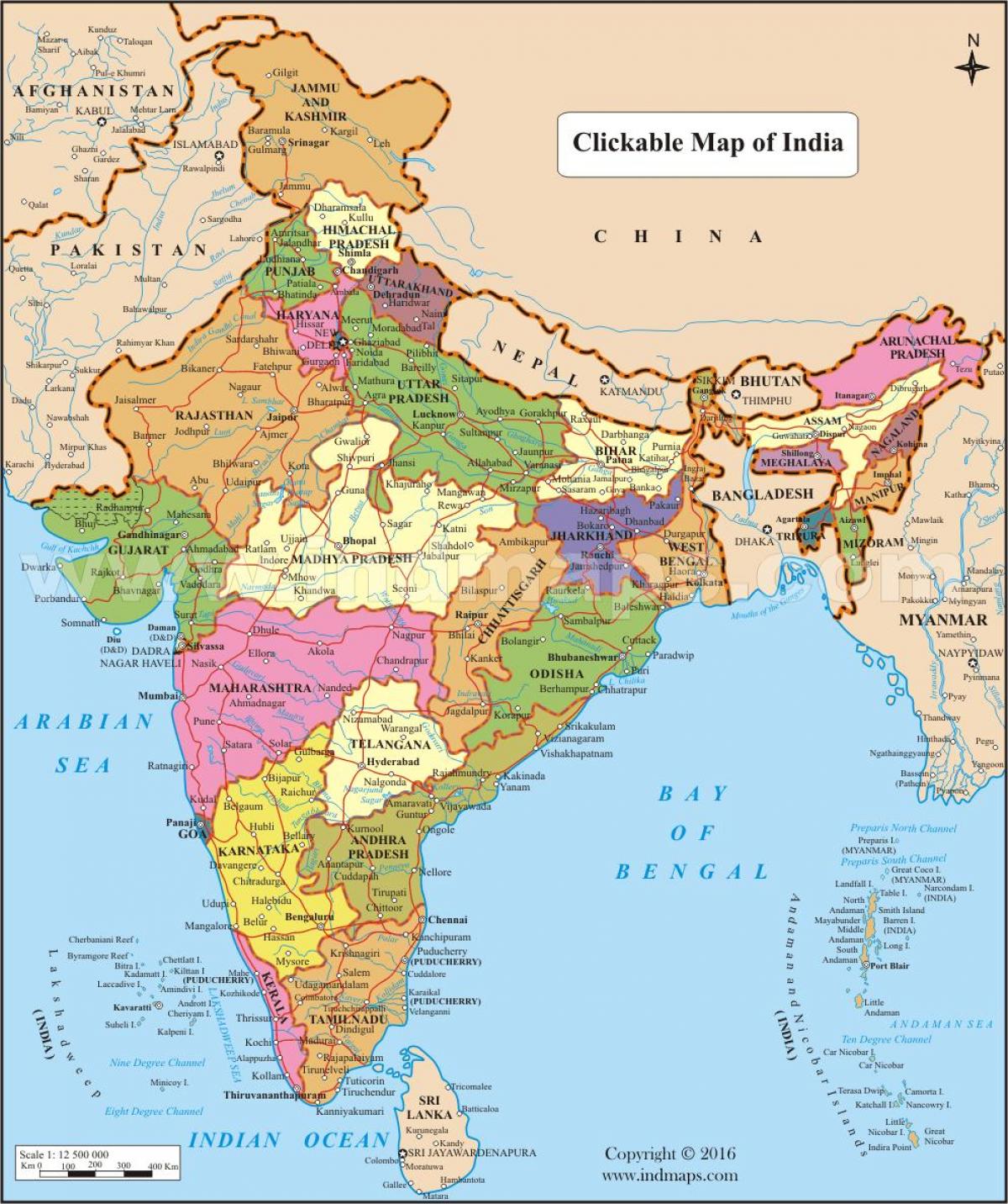 Carte de l'inde avec les etats et les villes