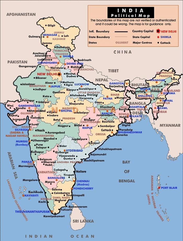 carte politique de l'Inde avec les etats