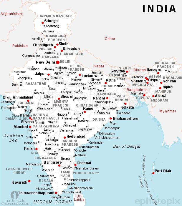 Carte de l'inde avec les villes