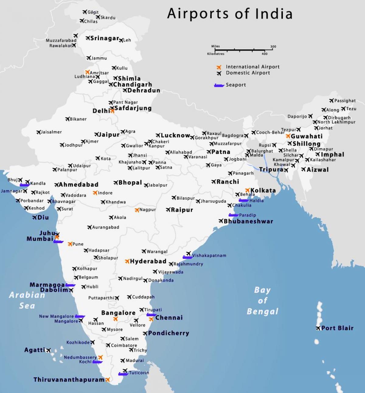 la carte des aéroports en Inde