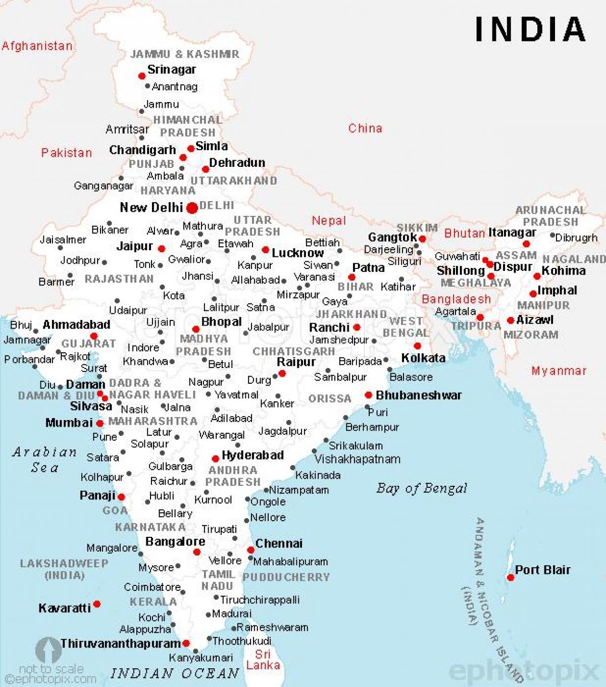 Carte de l'inde avec les villes