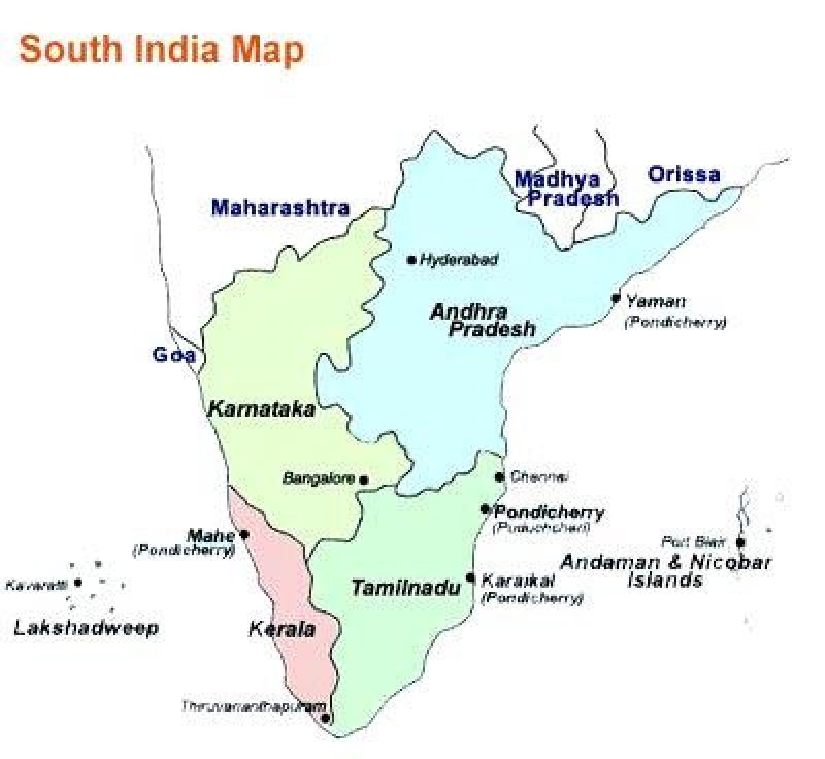 carte de l'Inde du sud avec les villes