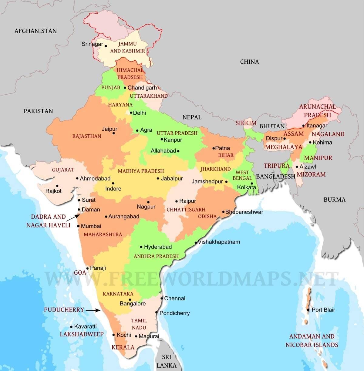 carte politique de l'Inde du nord