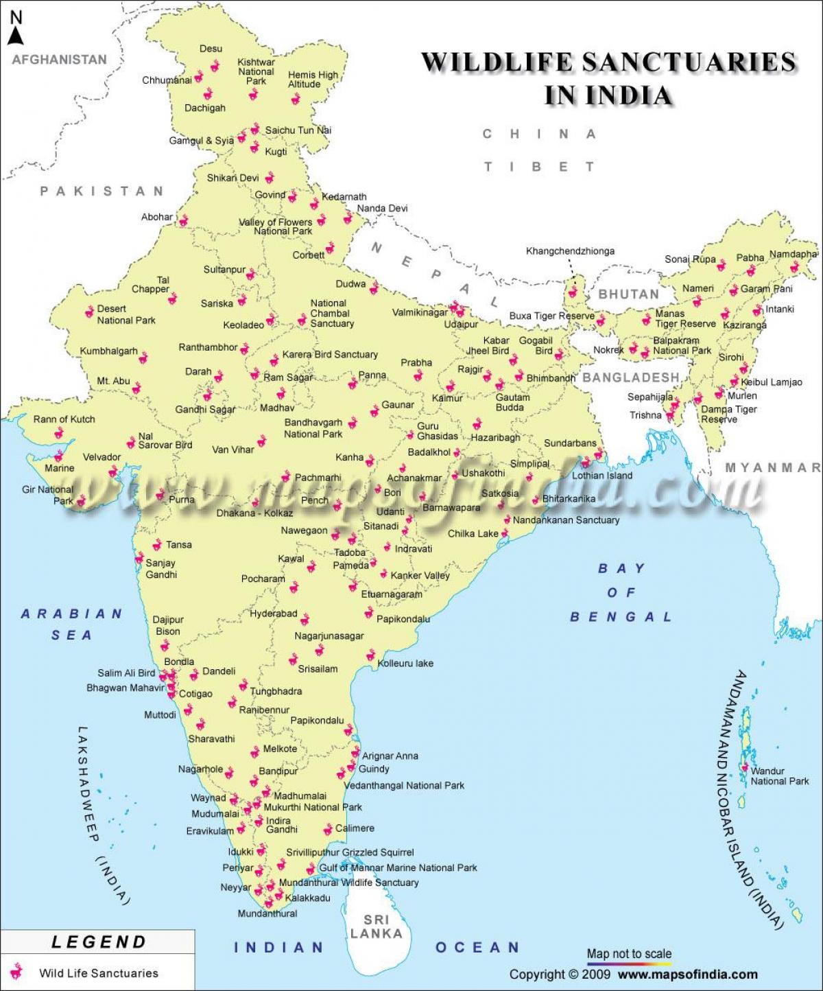 carte des sanctuaires de faune en Inde