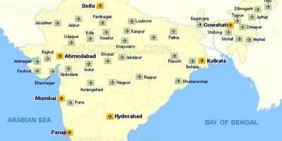 La carte des aéroports internationaux en Inde